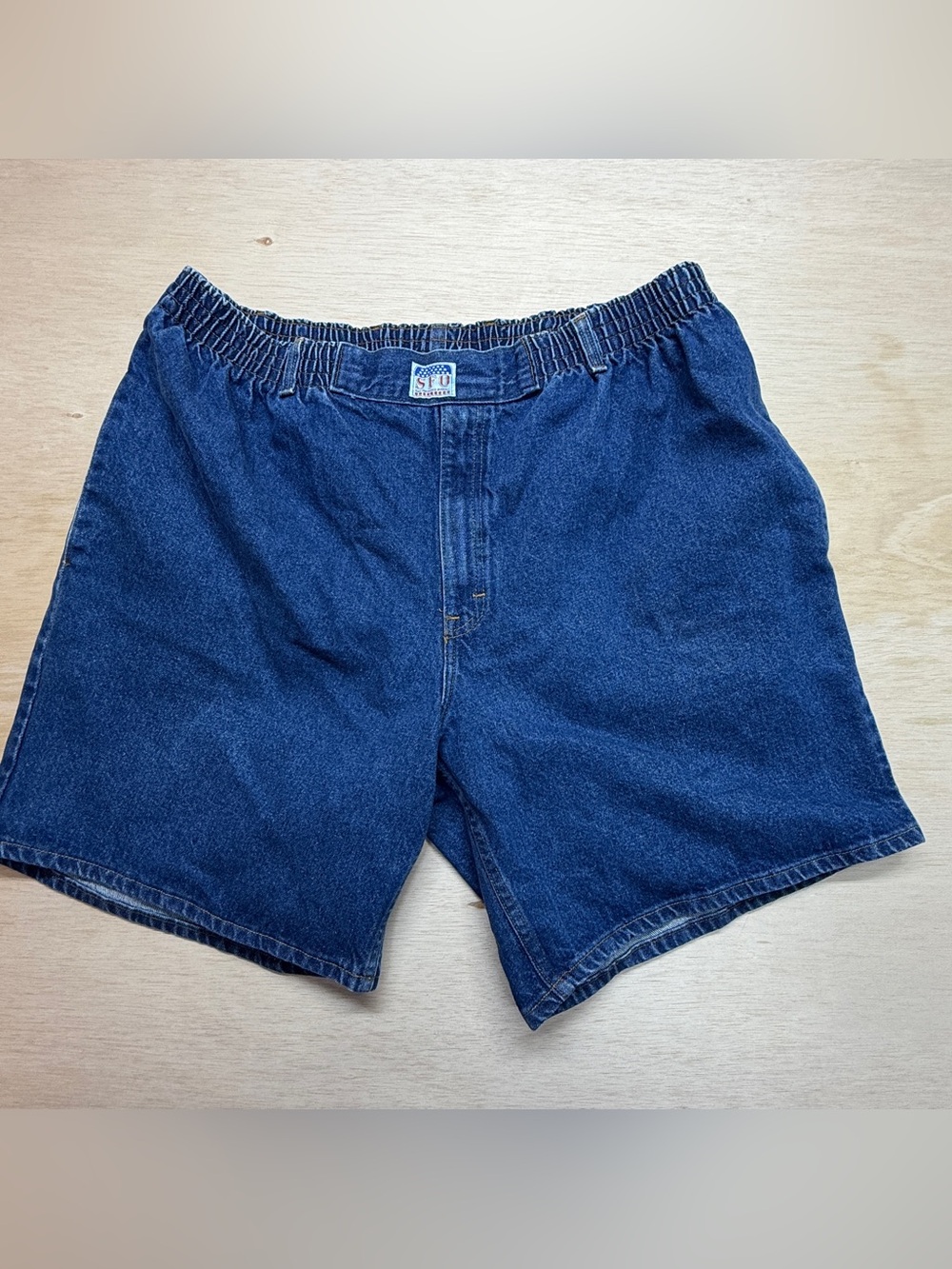 Vintage SFO San Francisco Overall Co Denim Shorts Mens 2XL Elastic Waist Blue Y2